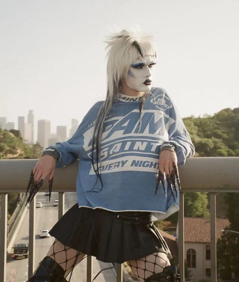 الرجعية الأزرق سانت الشرير نمط تي شيرت الخريف القطن غسلها أزياء فضفاضة طويلة الأكمام #3