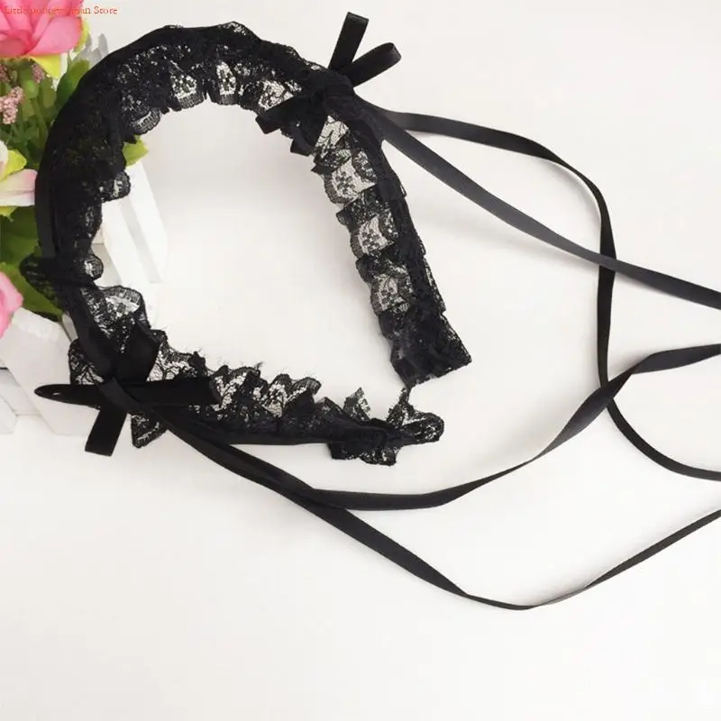 F92D Lace Headband Maid Ruffled Headdress Ornaments Ribbon Bowknot Hair Hoop