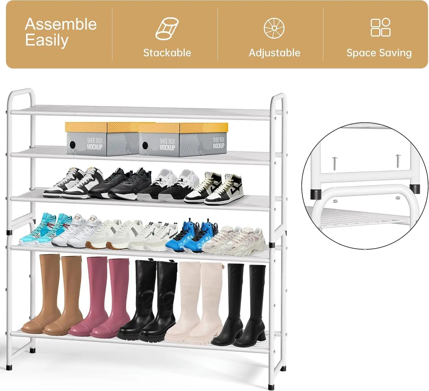 3-Tier Metal Shoe Rack, White Stackable Closet Organizer with Wire Grid, Wide Storage Shelf for Entryway or Bedroom