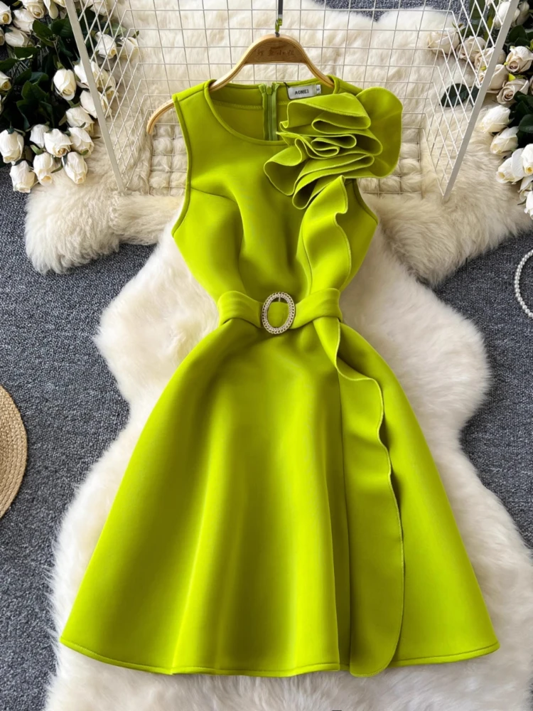 

French Design Dress O Neck Sleeveless Solid Color Ruffles Patchwork Dresses Summer Female Slim Vestido 2025 New Women's Clothing