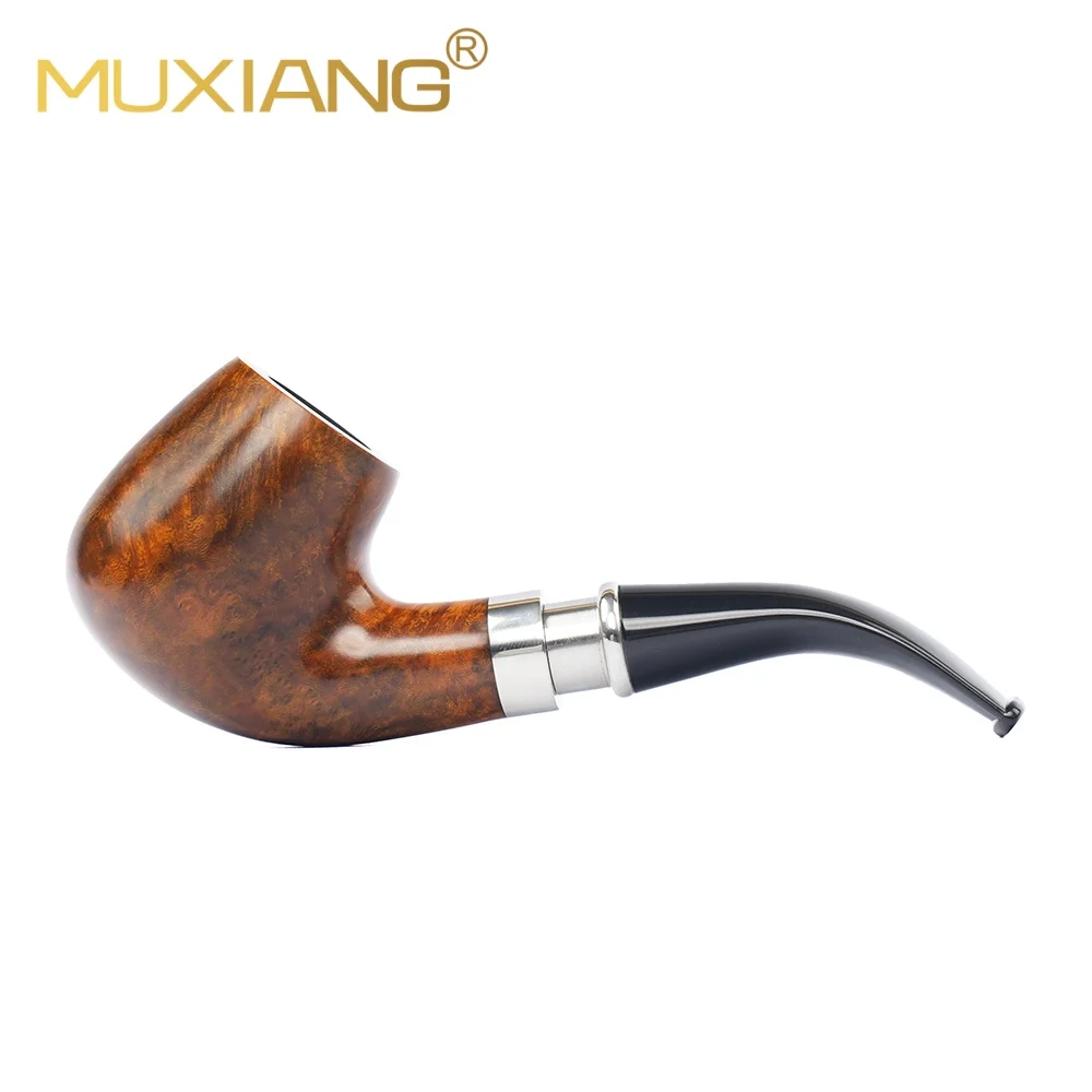 MUXIANG Briar Wood Tobacco Pipe Metal Ring Vulcanite Stem 9mm Filter Gift for Father