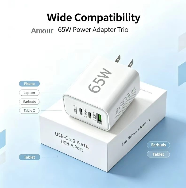 65W GaN 3‑Port USB‑C Compact Wall Charger PPS PD3.0 QC3.0 Fast Power Adapter For Laptop iPhone 17 16 15 14 Samsung Phone Charger