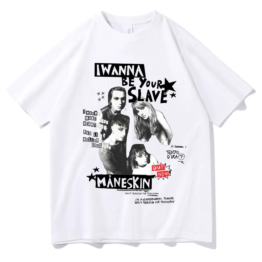 Chcę być twoim niewolnikiem Maneskin T-Shirt włoski zespół rockowy T-Shirt męski damski Vintage Hip Hop za duże letnie koszulki uliczne męskie