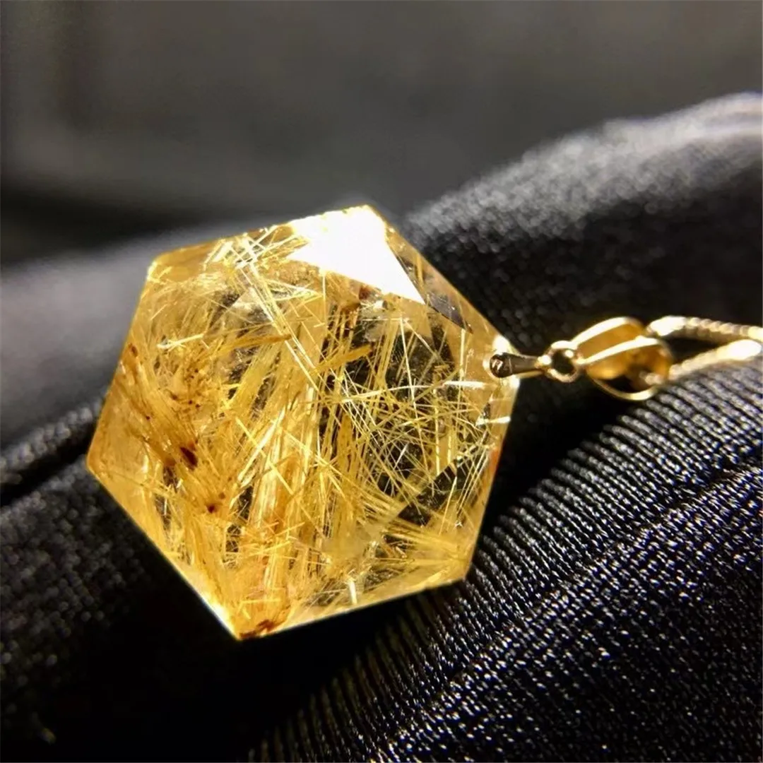 Natural Gold Hair Rutilated Quartz Pendant Necklace Jewelry For Woman Man Healing Gift Crystal 18x11x3mm Beads 18K Gold AAAAA