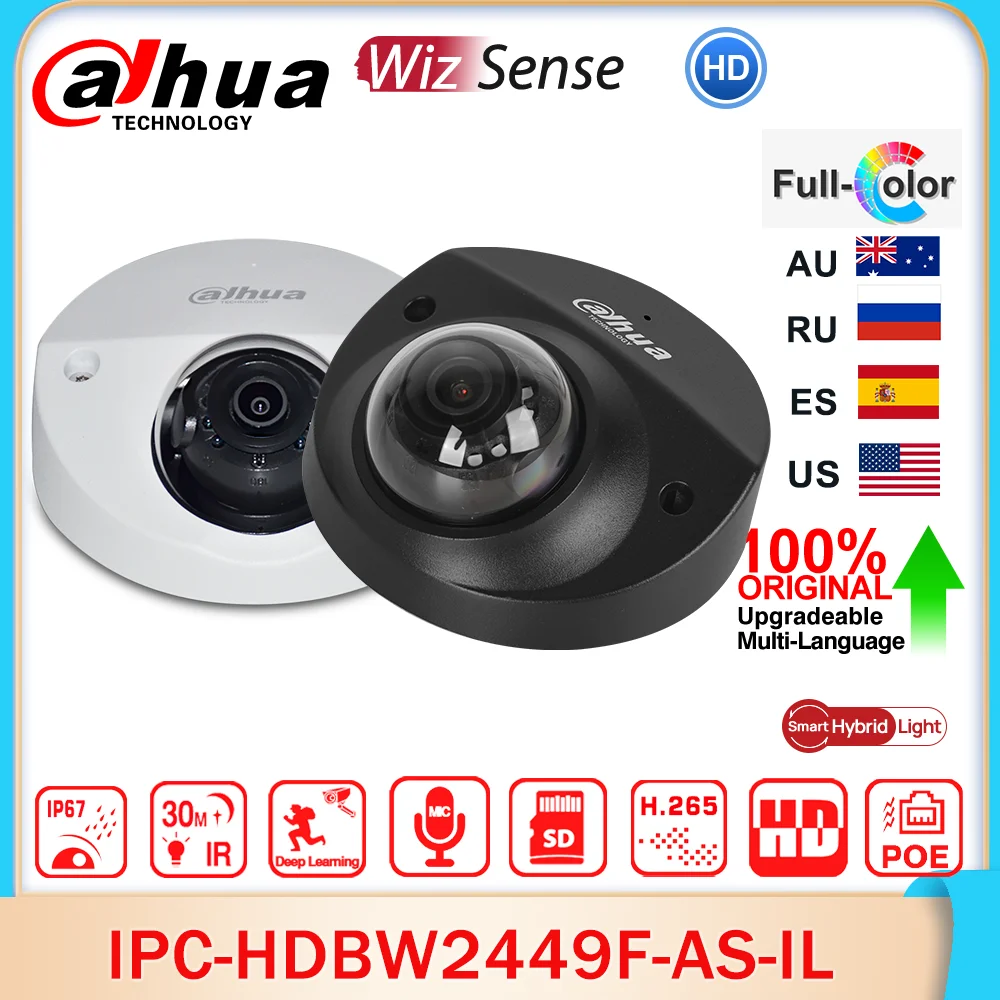 Dahua Original IPC-HDBW2449F-AS-IL 4MP Smart Dual Light Dome WizSense Network POE IP Camera SMD Plus IVS IR30M Built-in MiC IK10