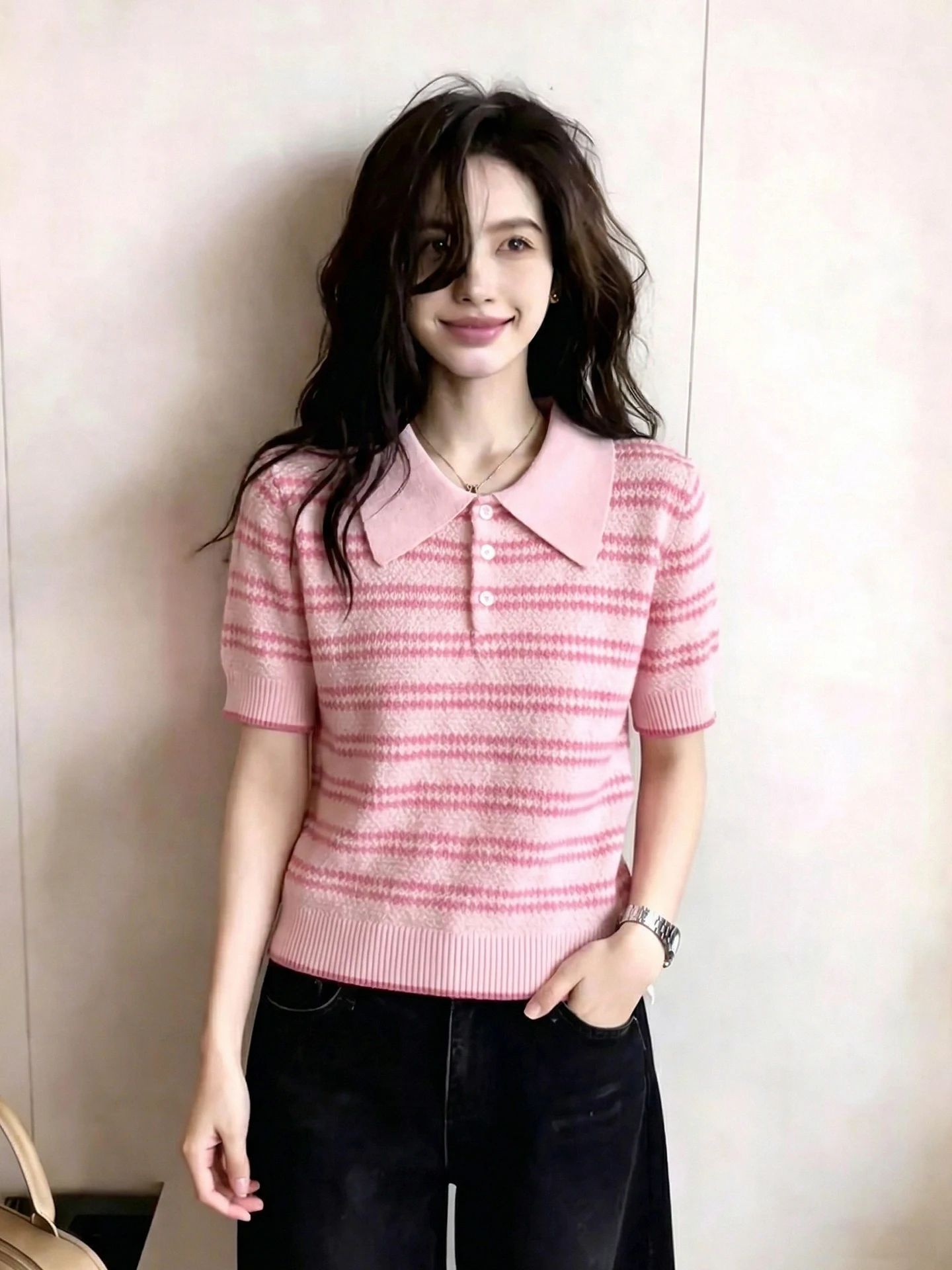 

Korean Sweet Striped Turn-down Collar Knitted Sweater Soft Fashionable Short Sleeve Women's Top Stylish Versatile Summer Prem...