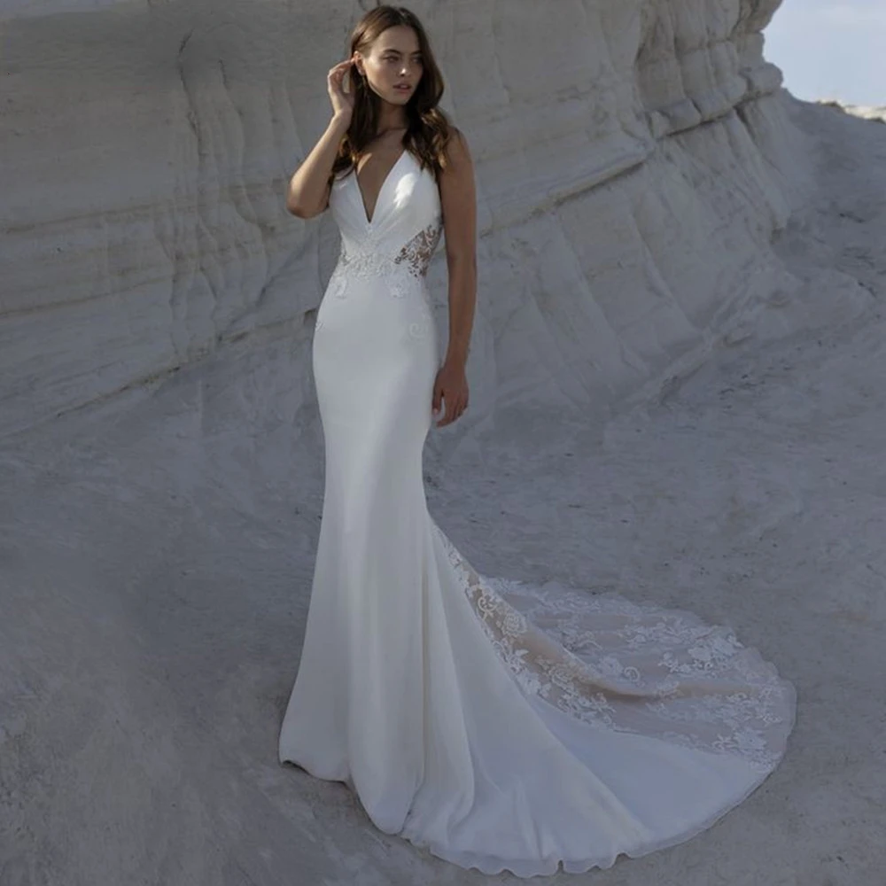 Sexy Meerjungfrau Brautkleider V-ausschnitt Spitze Appliques Illusion Tasten Zurück Satin Formale Brautkleider Vestidos De Novias