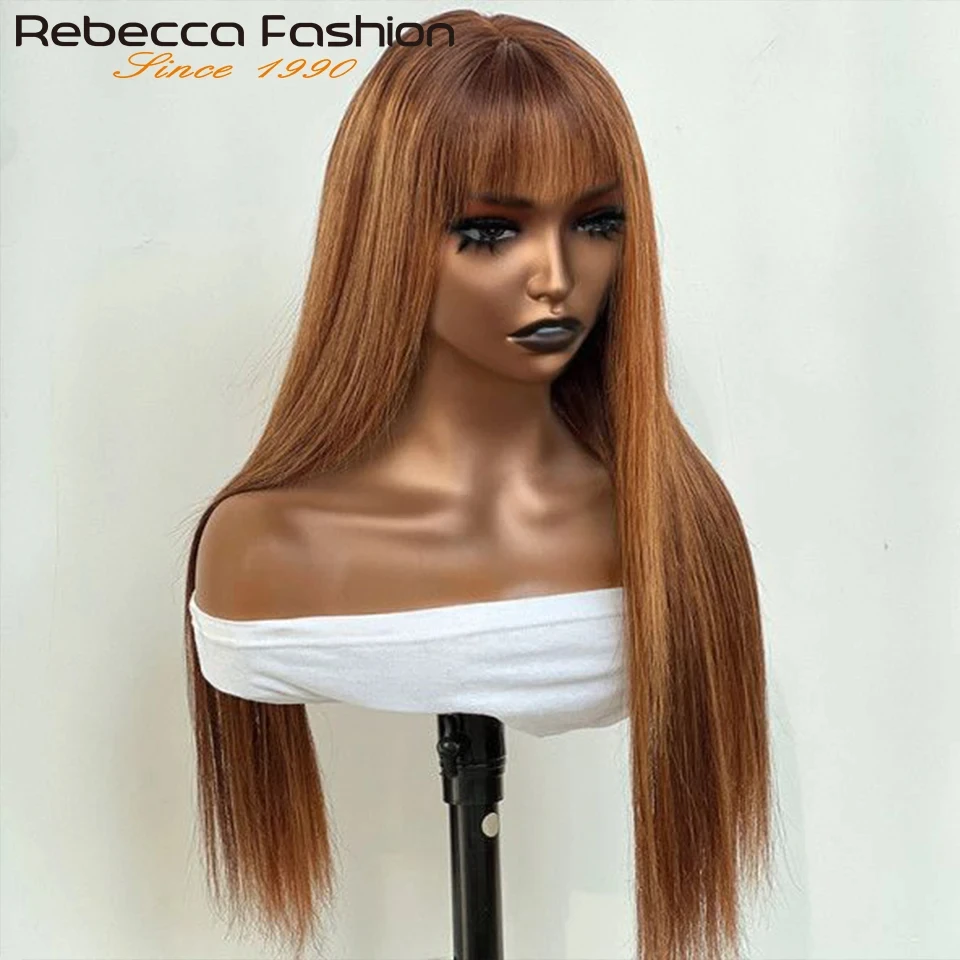 Rebecca Top Lace Straight 100% Human Hair Wigs With Curtain Bangs Brown P4/30/2T Remy Hair Glueless Colored Wigs QVR Remy Hair