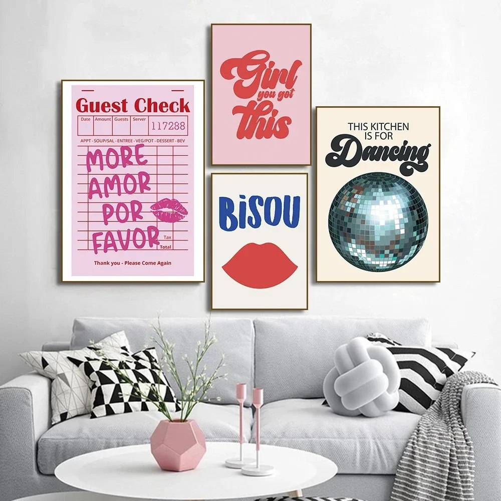 Ciao Bella Cherry Disco Ball Poster Pink Wall Art Guest Girl You Look Good Canvas Painting Home Room Decor