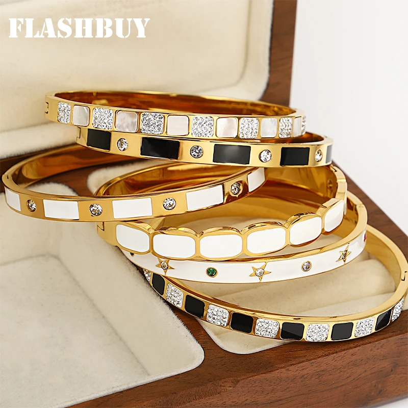 Trend Chic Inlaid Rhinestone White Black Enamel Paint Stainless Steel Bangles Bracelets for Women 18K Gold Plate Fashion Jewelry