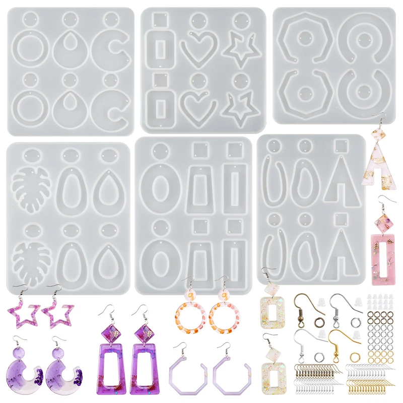 Silicone Earring Molds Pendant Keychain Casting Mold Kit Pink Tweezers Earrings Hooks Epoxy Resin DIY Jewelry Making Accessories