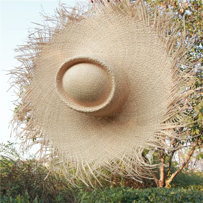 Indented Crown Wide Brim Raffia Beach Hat Summer Vacation Sun Protection Cap Women