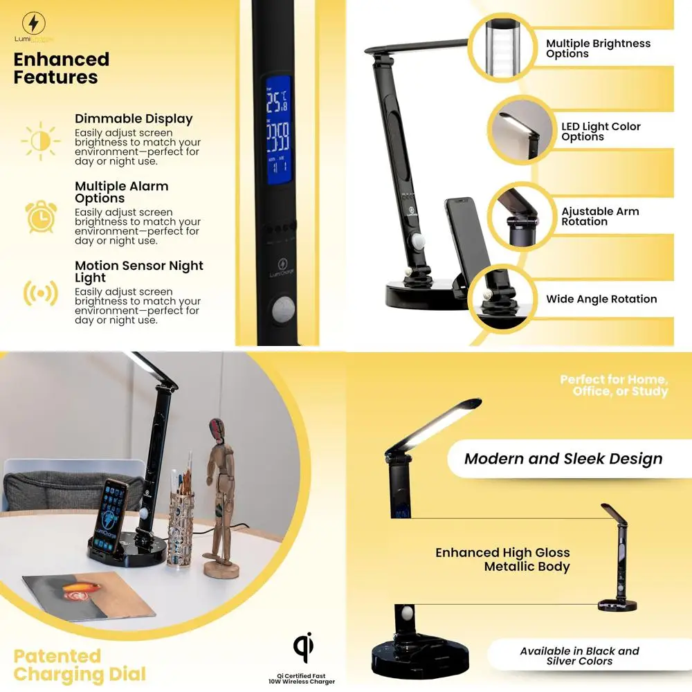 

6-in-1 LED Desk Lamp with Qi Wireless Charger 10W, Touch Control, Motion Sensor, Clock, and LED Display | Universal Compatibilit