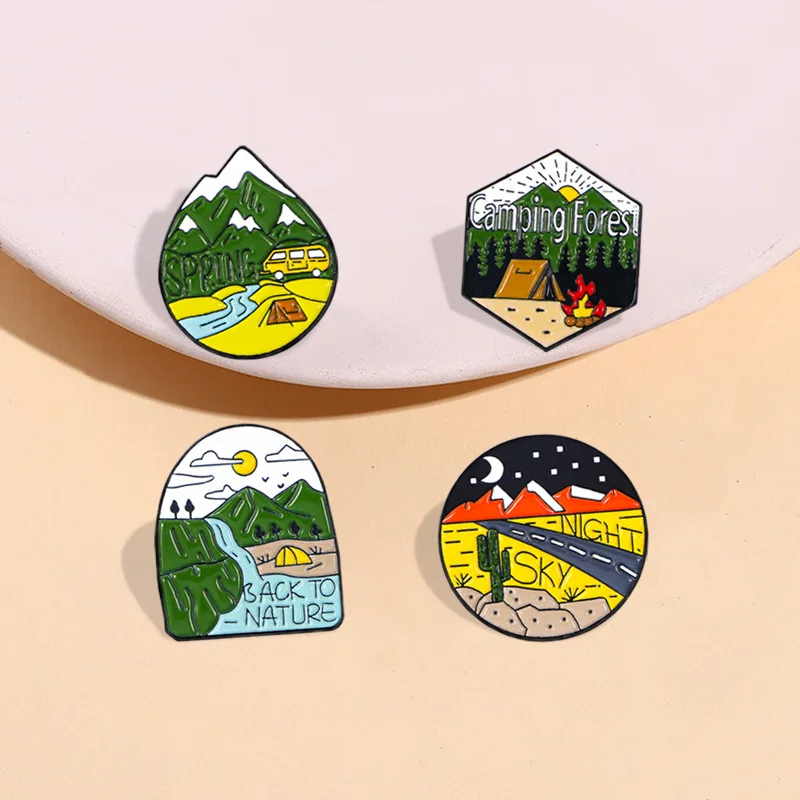 Creative Travel Brooch Falls Moon Mountain Outdoor Adventure Camping Cup Mountain Tent Coconut Park Heart Badge Punk Pin Jewelry