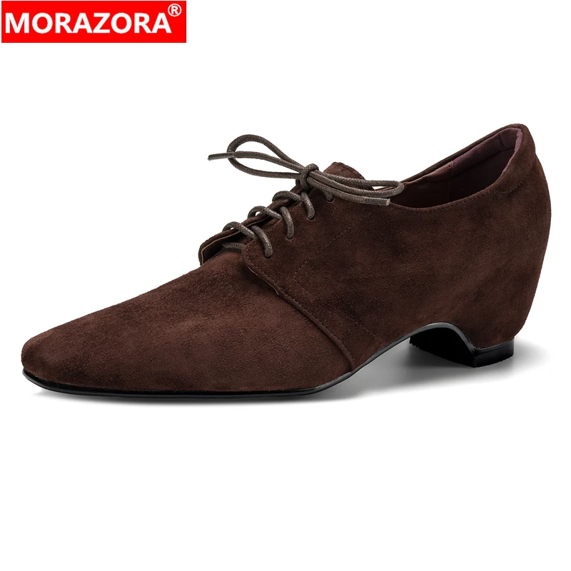 

MORAZORA Size 34-42 Suede Leather Women Pumps Lace Up Chunky High Heels Office Dress Shoes Handmade Ladies Retro Footwear
