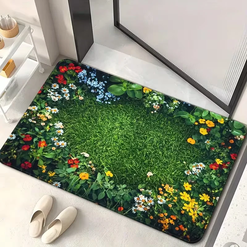 Lush Grass and Bloom Print Entry Mat Washable Soft Door Mat for Kitchen Living Room Bedroom Indoor Spring Decor Floor Mat