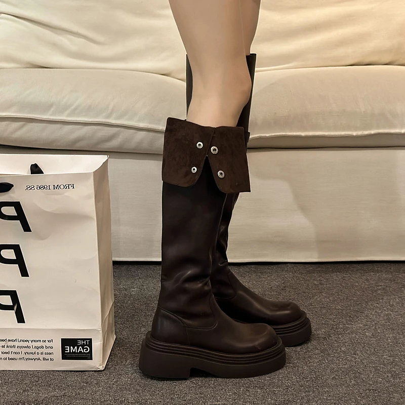 النساء الفاخرة فوق حذاء برقبة للركبة منصة عالية الكعب أحذية فاسق الجلود تشيلسي أحذية شتاء 2025 الاتجاه الجديد مضخات الأحذية #6