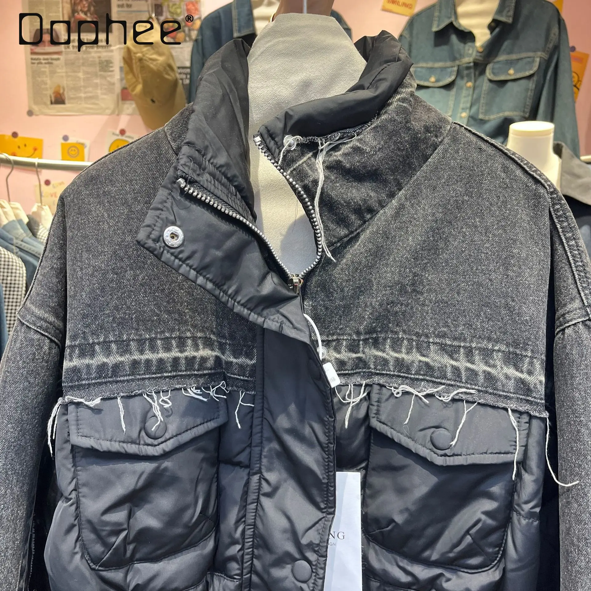 Korean Style Ins Trend High-end Denim Stitching Down Jacket Warm Thickened Coat Winter New Fashion Loose Slimming Coat Women