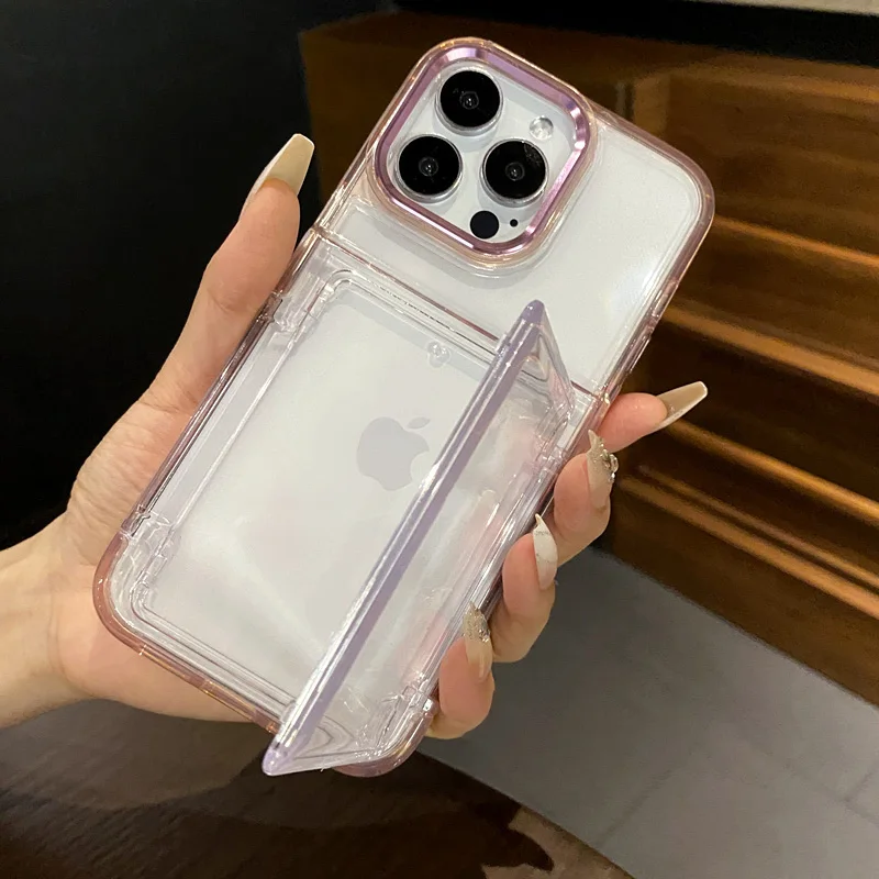 Transparent Flip Slot Card Wallet Holder Stand Case For iPhone 16 14 Pro Max 15 Plus 11 12 13 Shockproof Acrylic Hard Back Cover