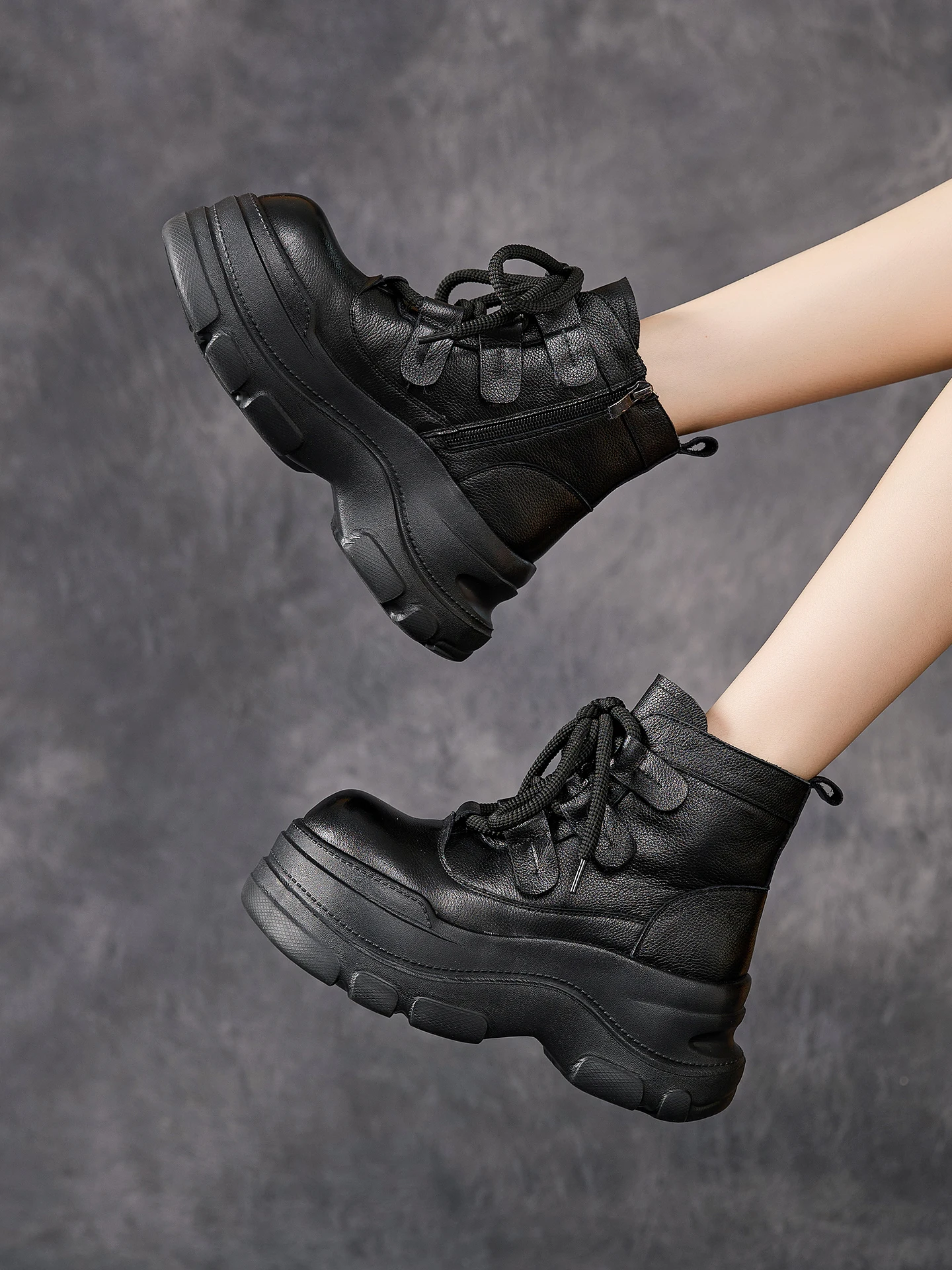 

Birkuir Retro Winter Plush Inner Boots Wedges Women Ankle Boots Side Zip Lace Up Shoes 7cm Genuine Leather Thick Heel Platform