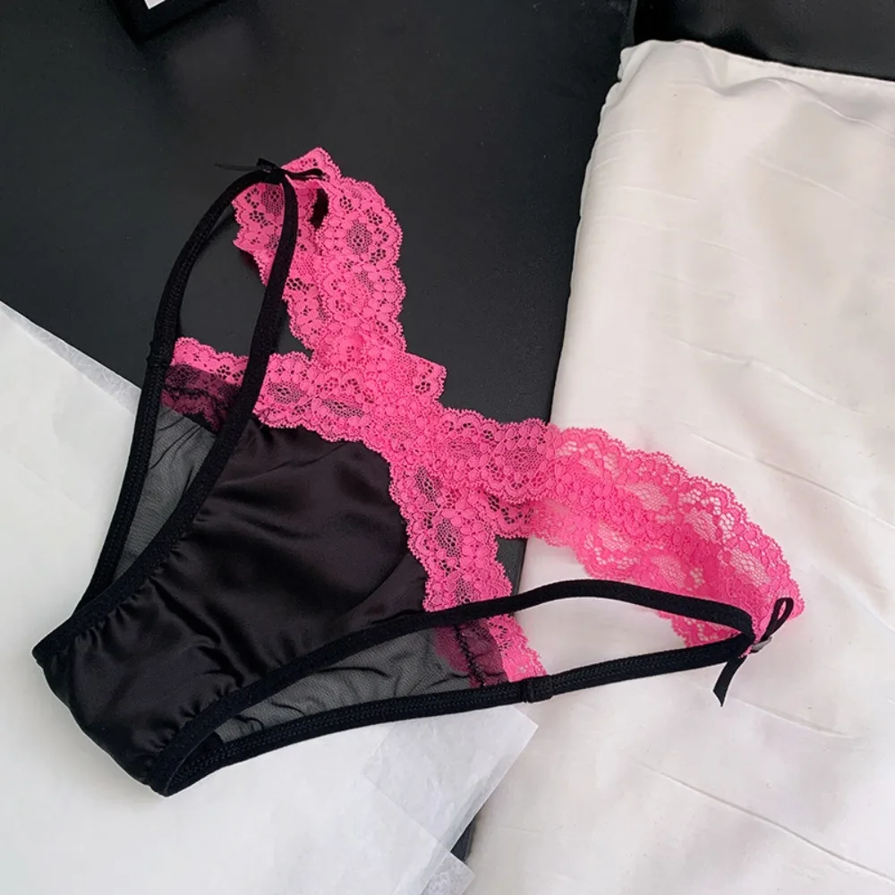 

Soft Low Waist Lace Panties Briefs Cross Belt Underwear for Women Satin Silk Bow Lace Briefs Girl