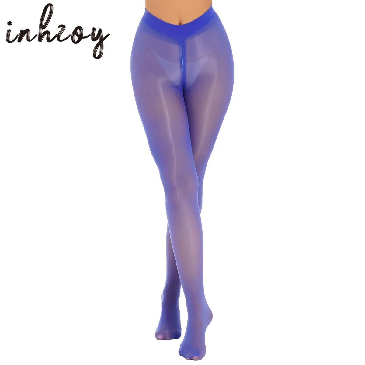 

Womens Glossy See-through Pantyhose High Waist Oily Shiny Zipper Crotch Tights Leggings Pants Wetlook Open Crotch Nightwear