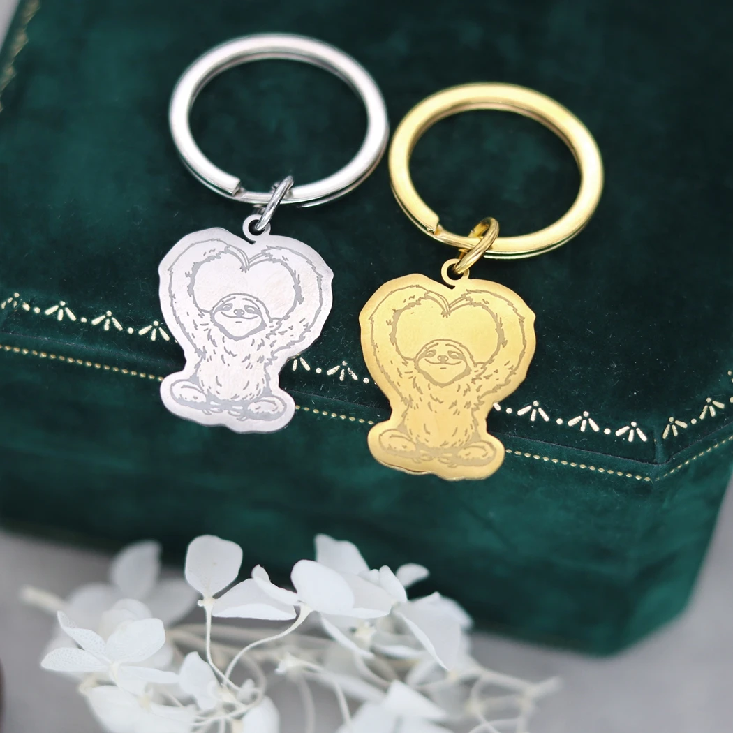 Stainless Steel Custom Name Keychains Women Happy Sloth Making Heart Arms Key Ring Trendy Jewelry Engraved Keyring Men Gift