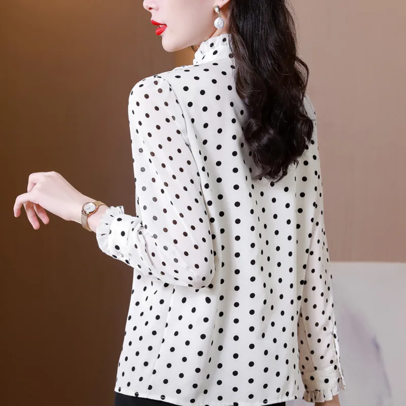 #2545 Polka Dot Printed Chiffon Shirt Women Ruffles Collar Office Shirt Long Sleeve Slim Spliced Ruffles Ladies Tops And Blouses