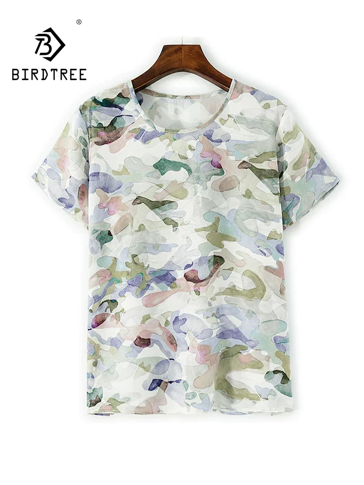 

BirdTree-Silk Double Crepe Elegant T-Shirt, Short Sleeve Geometry Printed, Women Fashion Casual Loose Top, 2025 Winter T5D229CC
