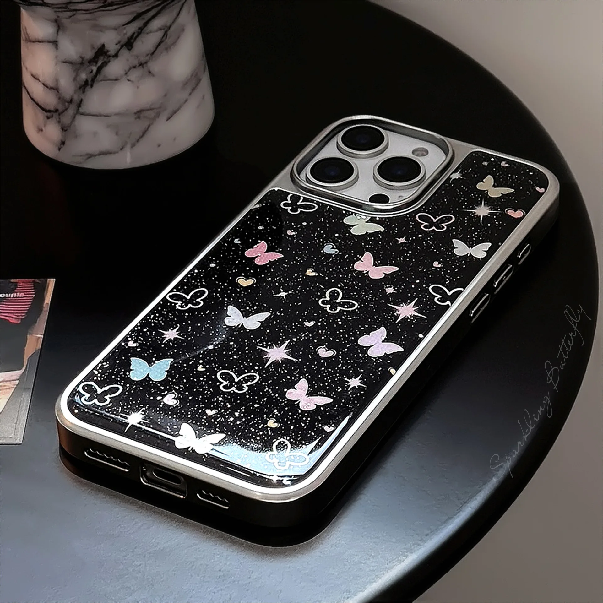Coque de téléphone coréenne à plein écran avec bordure argentée et paillettes papillon, étui rigide antichoc pour iPhone 17 15 13 12 14 16 Pro Max