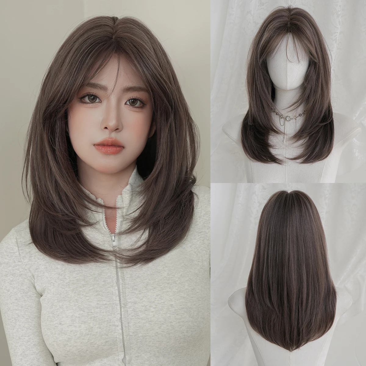 

NAMM Synthetic Short Straight Brown Wig for Women Daily Cosplay Use High Density Layered Hair Wigs with Neat Bangs