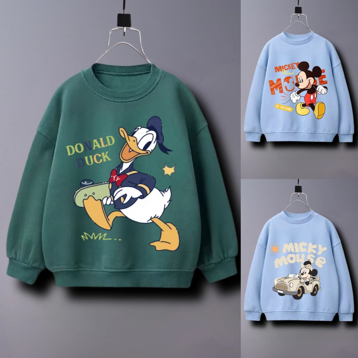 Tops sencillos de manga larga para niños, Sudadera con capucha con cuello redondo y estampado de dibujos animados de Mickey, sudaderas para bebés, ropa informal holgada para niños