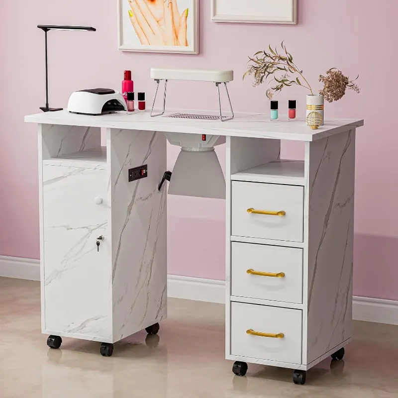 Manicure Table Nail Station with Charging Station, Marbling Texture Nail Tech Table Nail Table Station w/Dust Collector