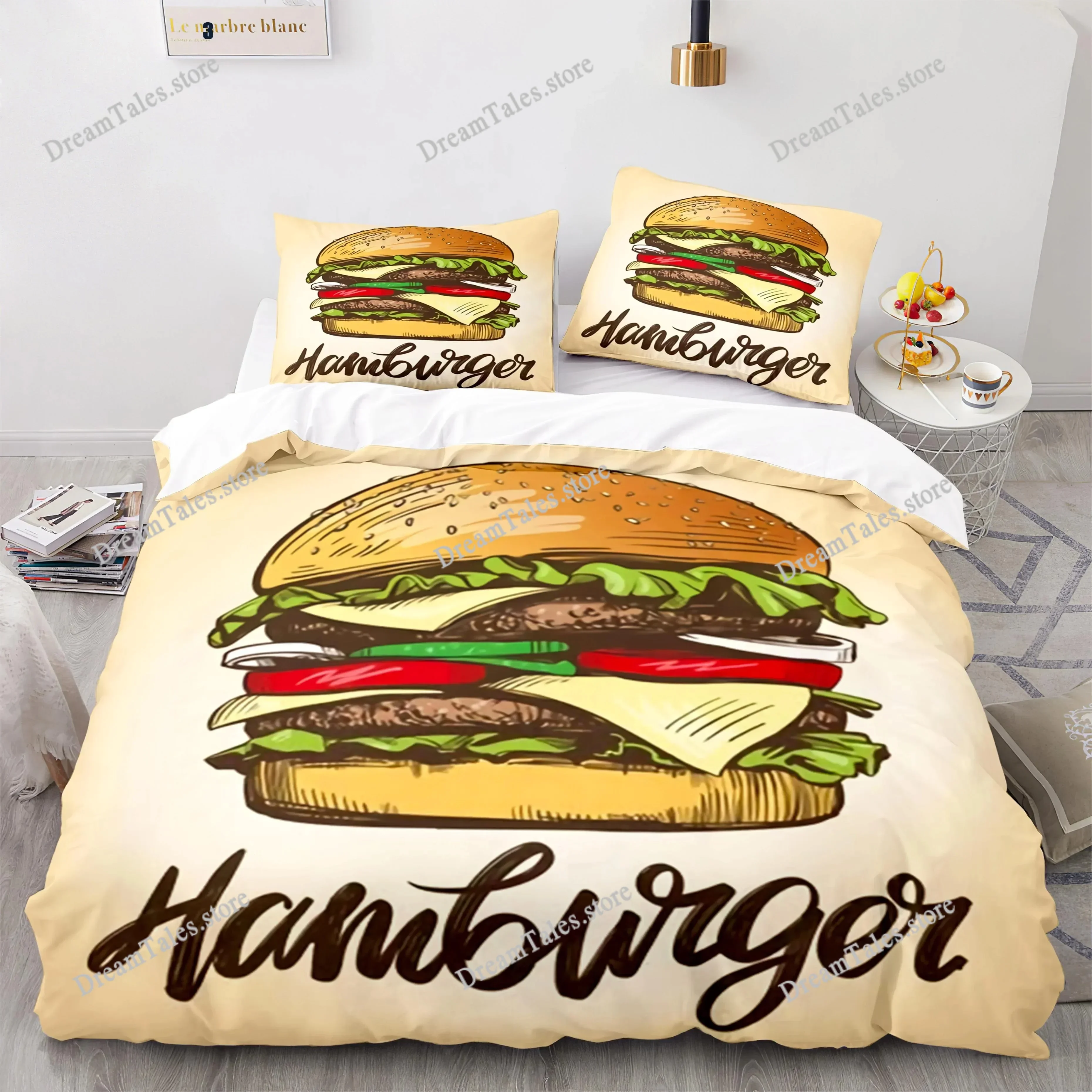

Hamburger King Queen Duvet Cover Fast Food Theme Bedding Set Meat Cheese Quilt Cover Kids Lovely Cartoon Style Comforter Cover