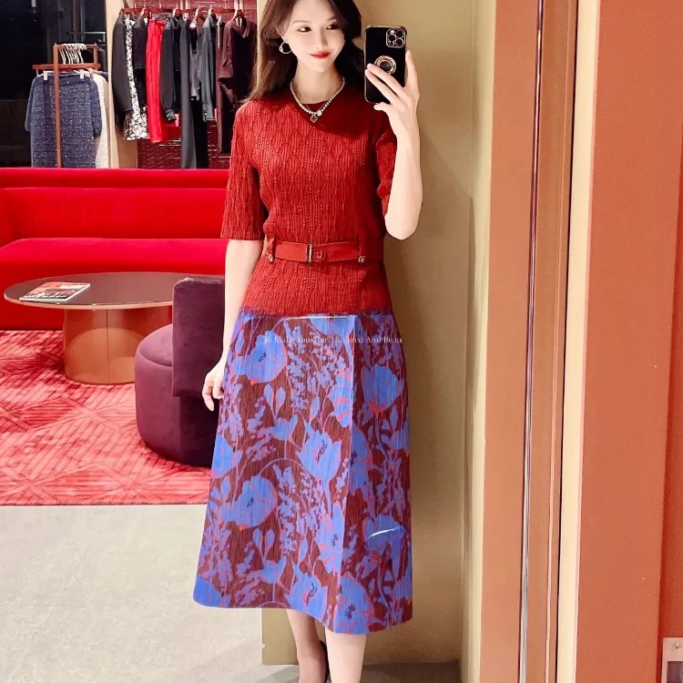 High Waist A-Line Skirt Hand-Painted Water-Media Floral Print Commute Friendly Elegant Dutch Tulip Design Ladies Skirt