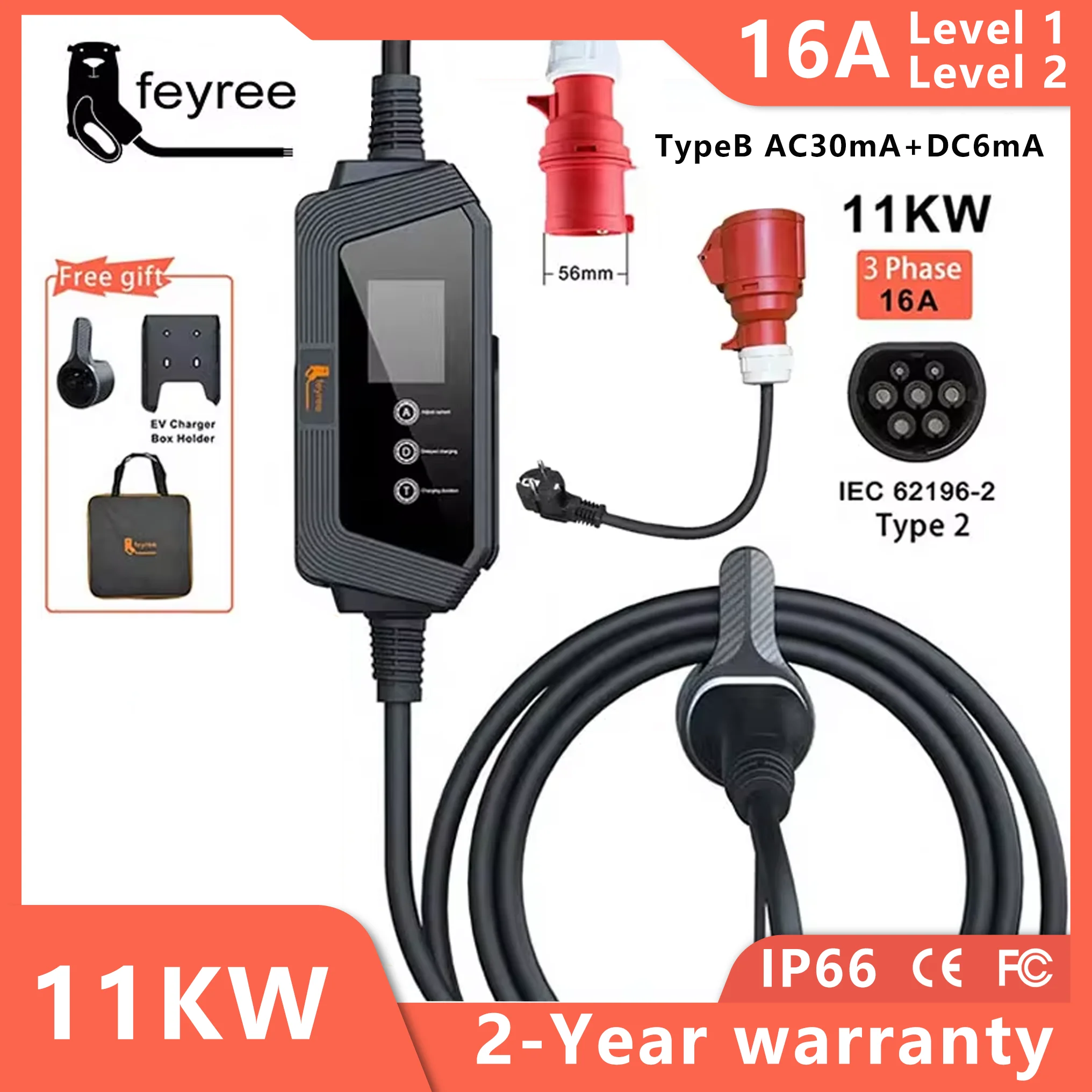 Feyree Type2 EV-oplader 11KW 16A 3-fase EVSE draagbare oplaaddoos Mannelijke CEE-stekker Stroom instelbaar voor oplader voor elektrische voertuigen