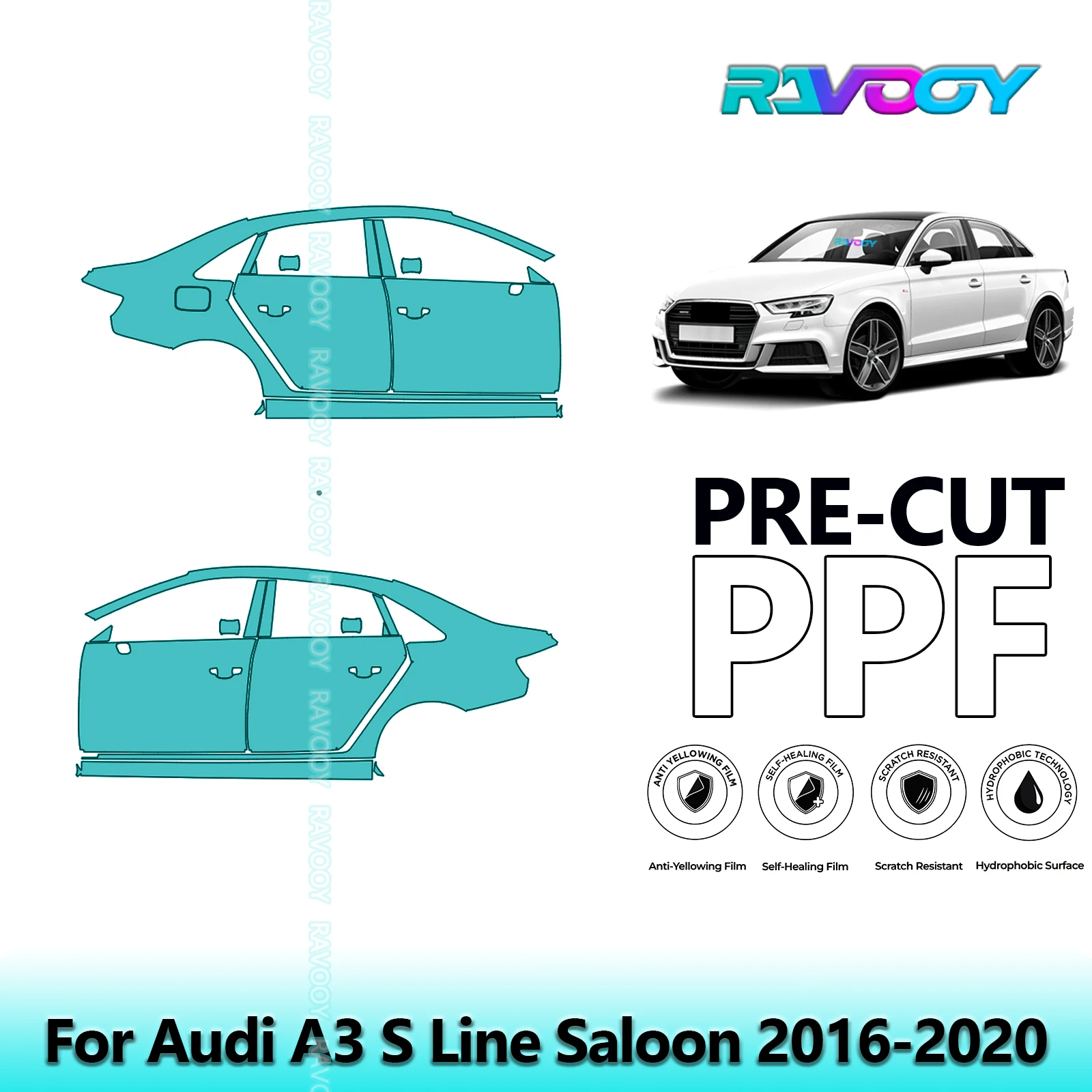 

For Audi A3 S Line Saloon 2016-2020 8.5mil Clear Matte Pre-Cut PPF Door & A/B Pillar Kit TPU Paint Protection Film Set