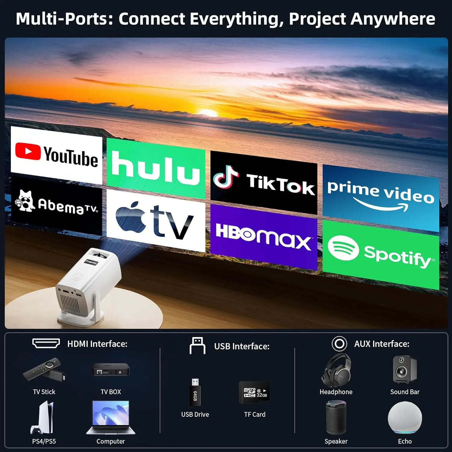 Tragbarer Mini-Projektor mit 4K-Unterstützung, Full HD 1080P, 270 °   Rotation für Smartphone, TV-Stick, Laptop