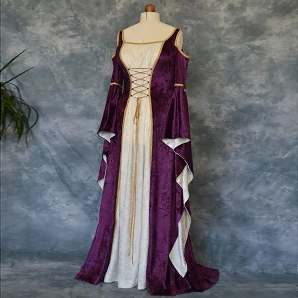 Vestido largo de corte europeo Medieval de gran tamaño para mujer, vestidos de manga trompeta de terciopelo dorado, trajes de actuación de escenario Retro para damas