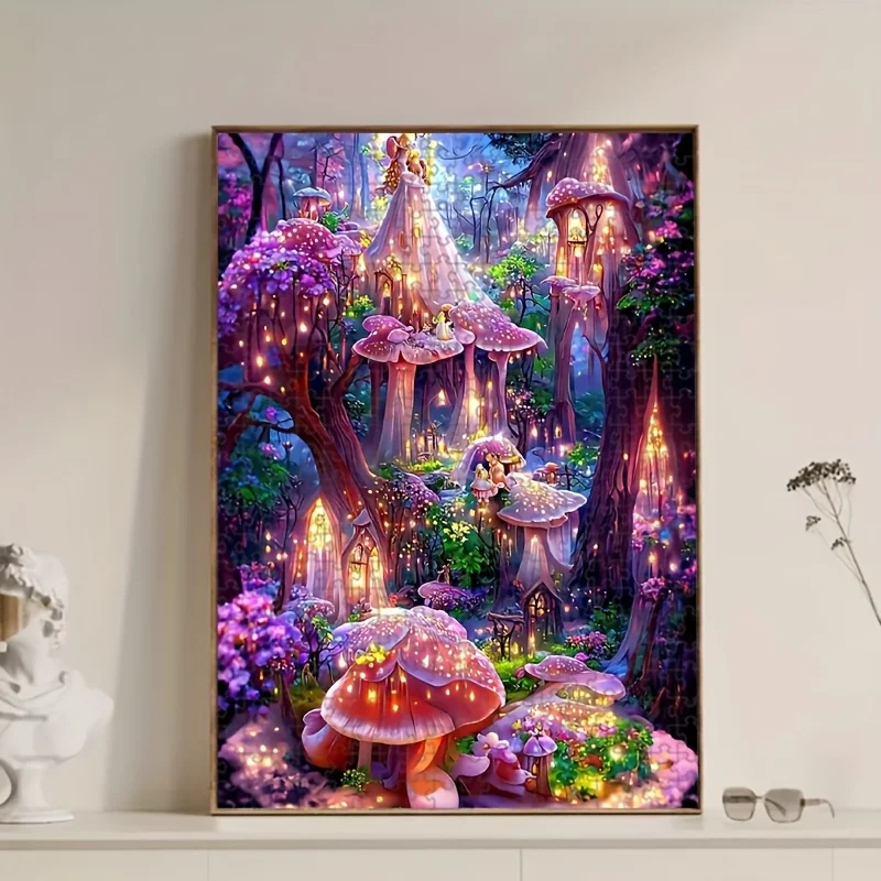 1000pcs Enchanted Forest Jigsaw Puzzle for Adults - Magical Mushroom & Lantern Scene with Glowing Lanterns, Durable Portable D