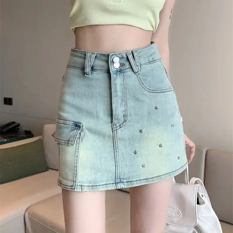 Retro rivet heavy-duty denim skirt summer high-waisted slimming hip skirt