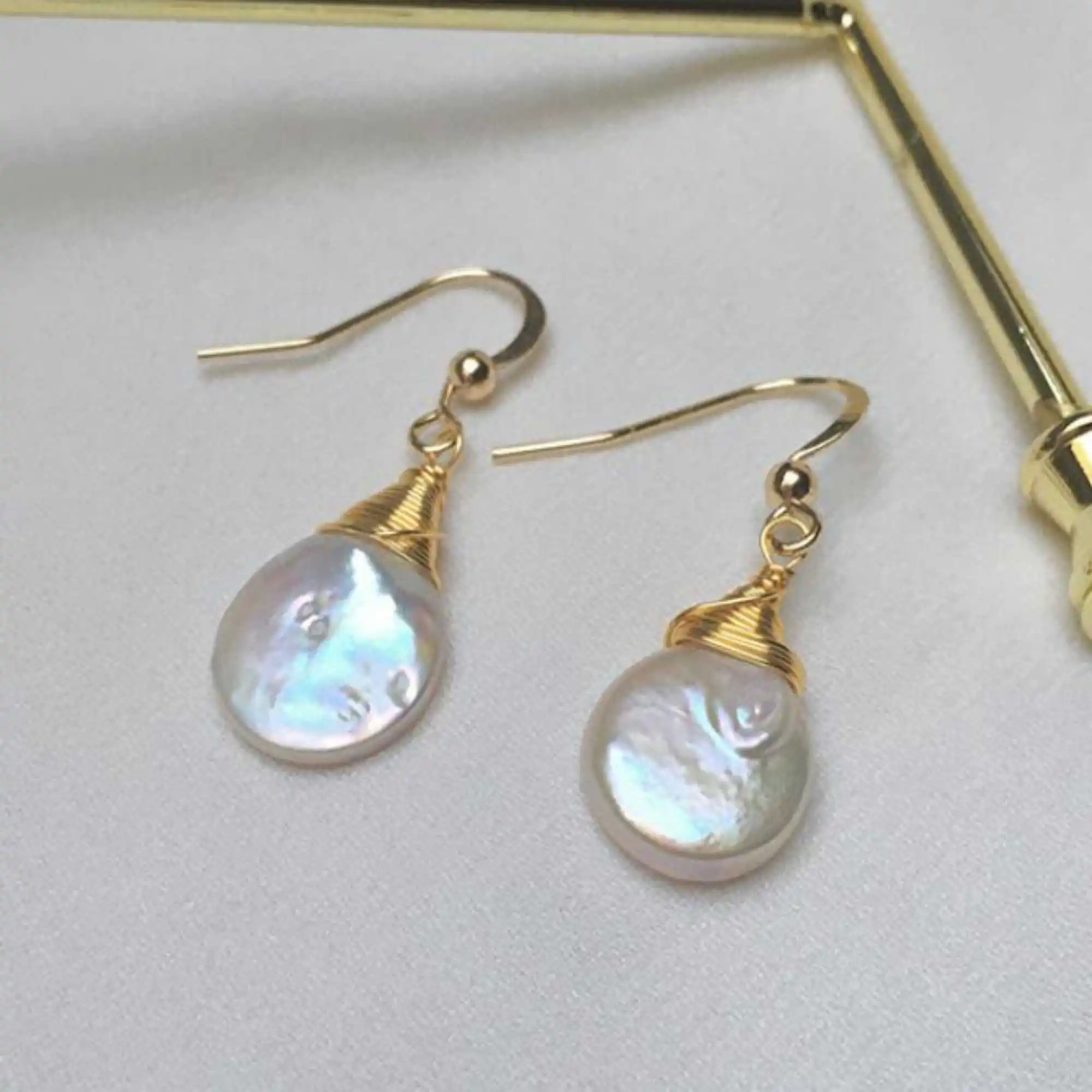 13-14mm white coin Baroque Cultured Akoya Pearl Earrings Gift New Freshwater Classic Holiday gifts VALENTINE'S DAY