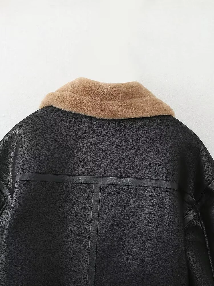 2025 Winter New Women's Casual Fashion Simple Versatile Reversible Short Collar Long Sleeve Jacket Leather Coat