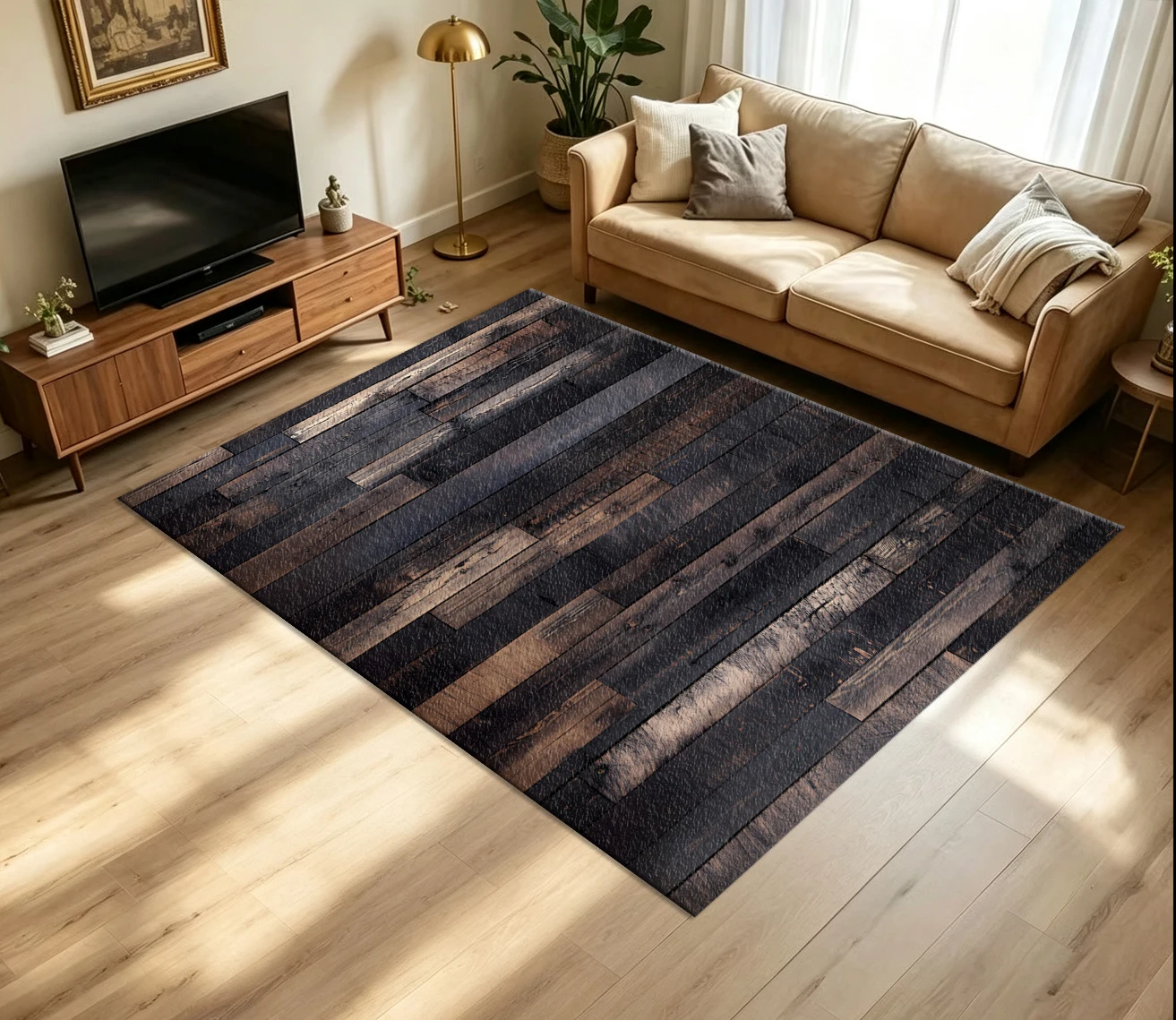 Dark Burnt Wood Vertical Plank Carpet Flooring Vintage Reclaimed Wood Large Area Rug for Industrial Home Decor