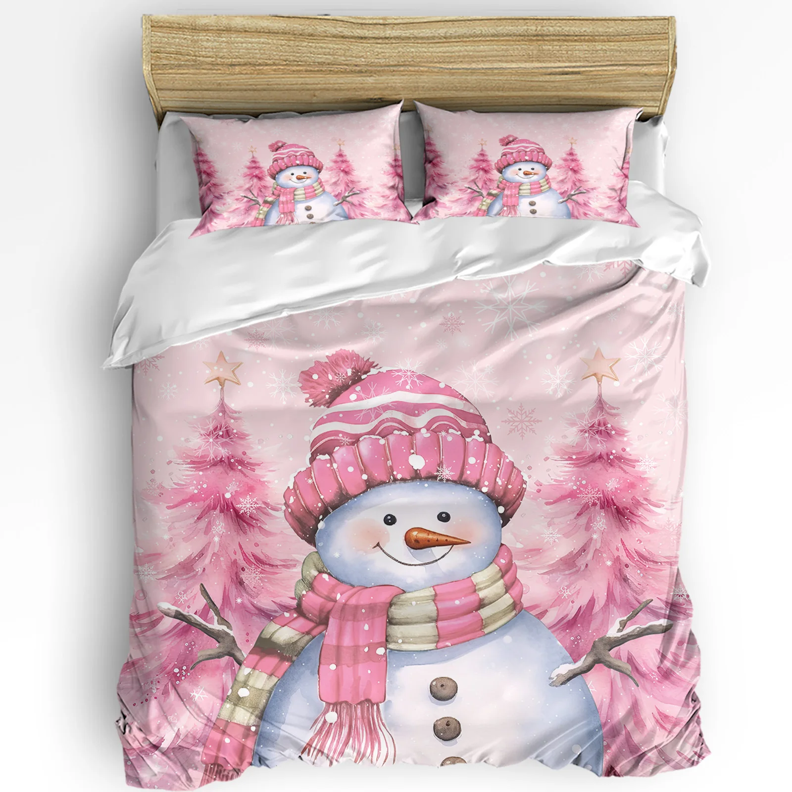 

Christmas Snowman Pink Christmas Tree 3pcs Bedding Set For Double Bed Home Textile Duvet Cover Quilt Cover Pillowcase