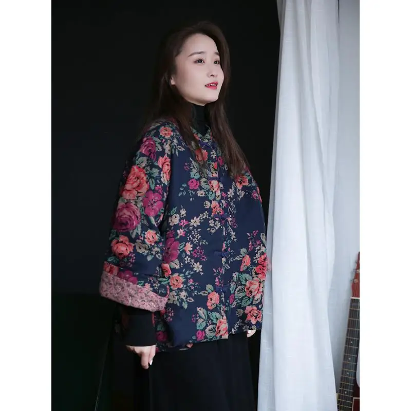 Floral Print Cotton Coat Vintage Autumn Winter Women Clothing Warm Design Chic Jackets Single Breasted Long Sleeves Outerwear