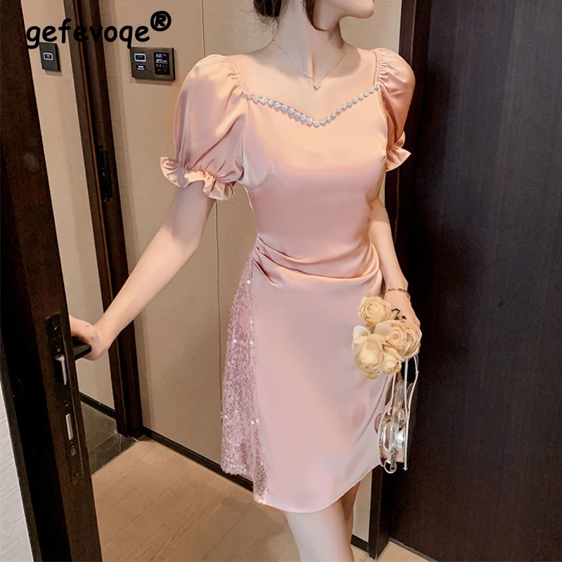 2022 Summer Sweet Diamonds V Neck Women Short Sleeve A-line Dresses for Ladies Evening Party Elegant Sequins Ball Gown Vestidos