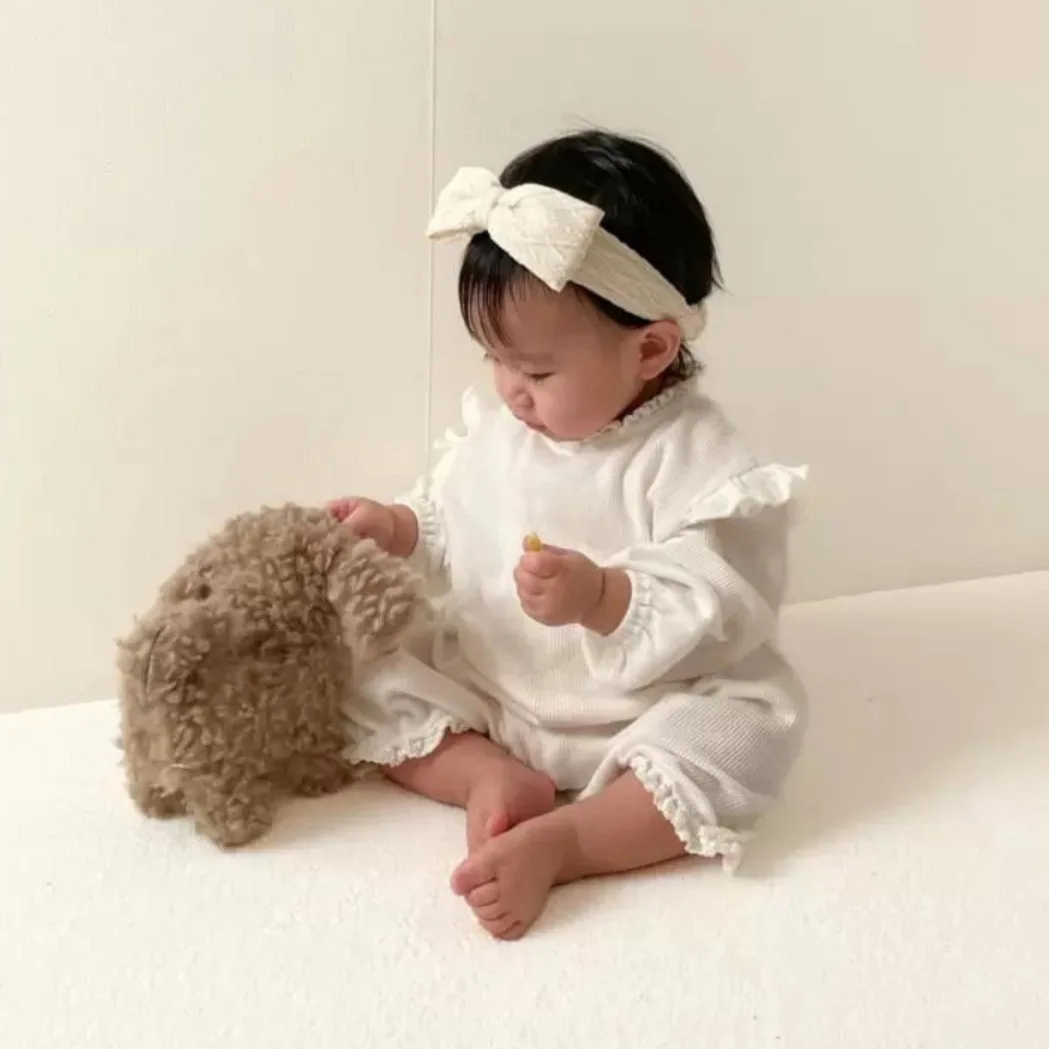 

Baby Waffle Flower Bud Collar Little Fly Sleeve Rompers Baby Girl Clothes Spring Autumn Girl Long Sleeve Rompers