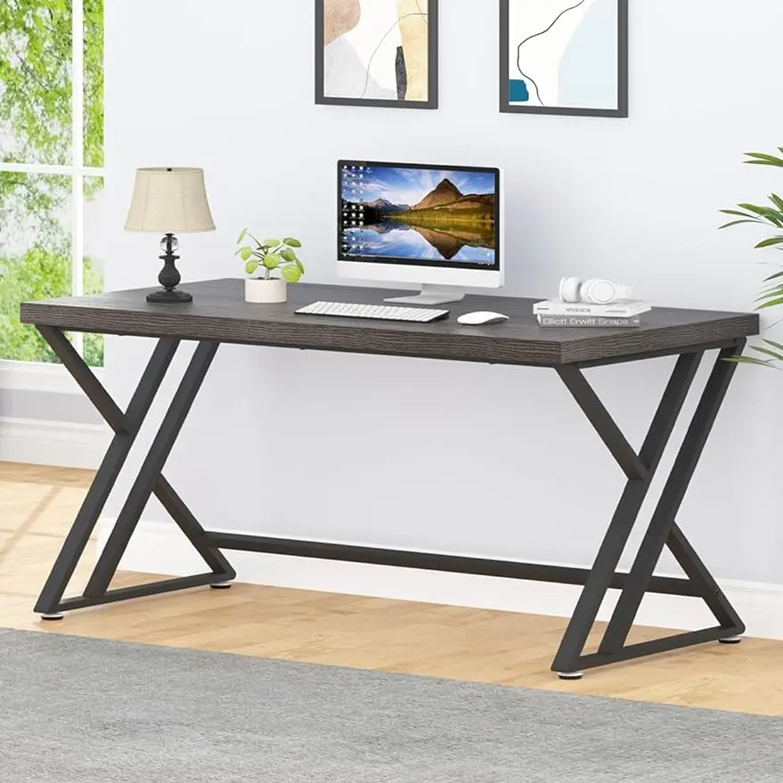 

LVB Modern Computer Desk, Industrial Home Office Desk with Storage, Metal Wood Writing Study Computer Table for Bedroom, Farmhou