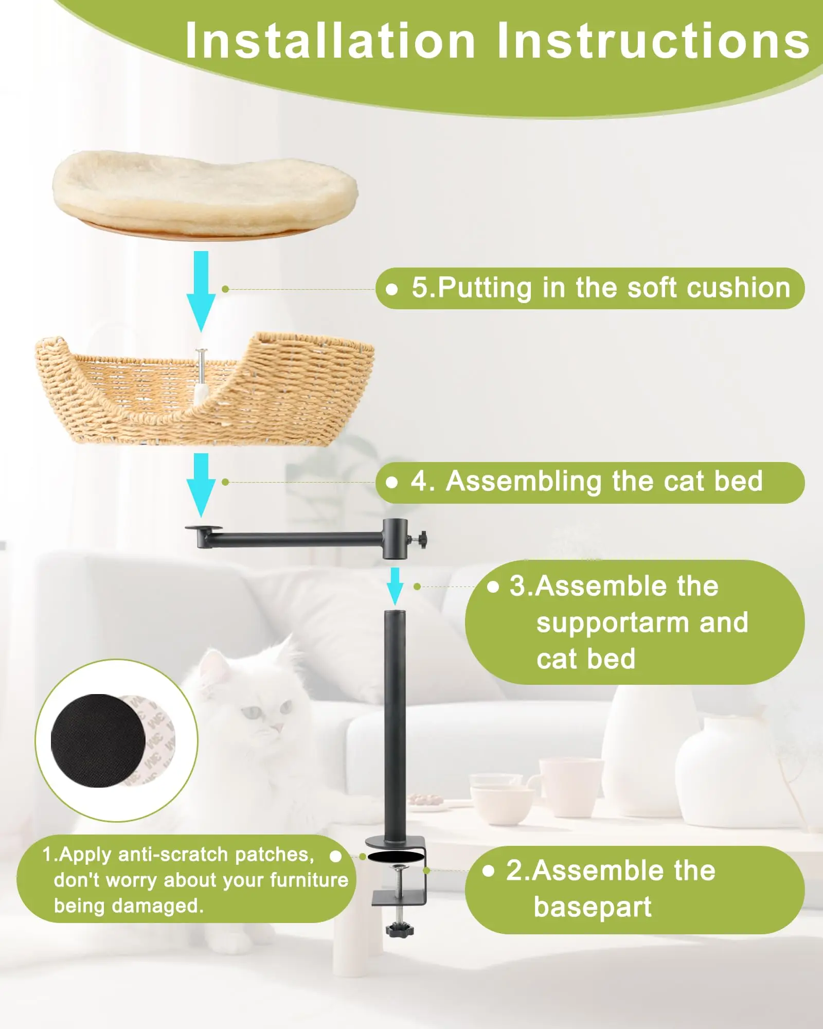 Nid rotatif de bureau pour chat, hauteur réglable, facile à installer, cadre d'escalade pour chat, bol intégré pour animaux de compagnie